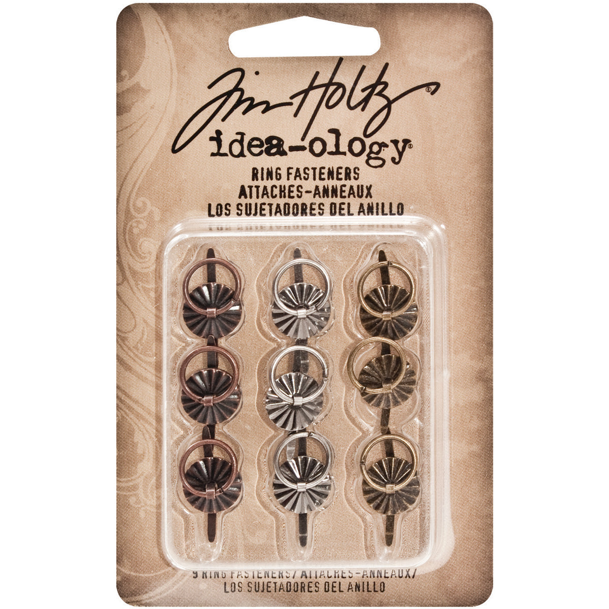 Idea-Ology Tim Holtz Metal Ring W/Brad Fastener .25" 9 Pcs - Antique Nickel, Brass & Copper