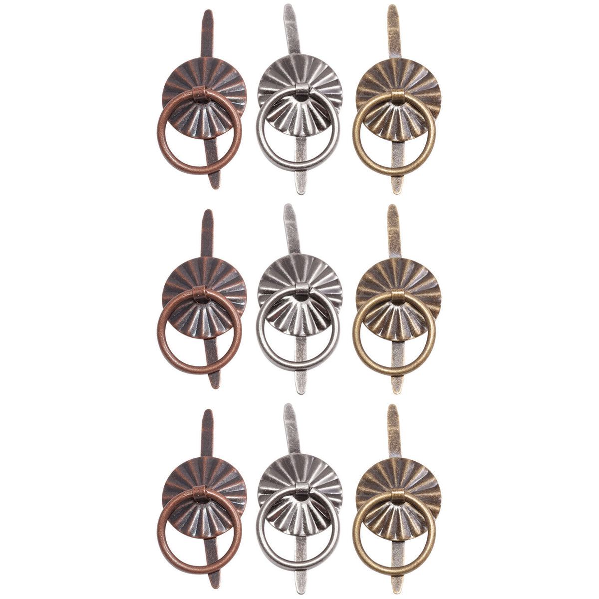 Idea-Ology Tim Holtz Metal Ring W/Brad Fastener .25" 9 Pcs - Antique Nickel, Brass & Copper