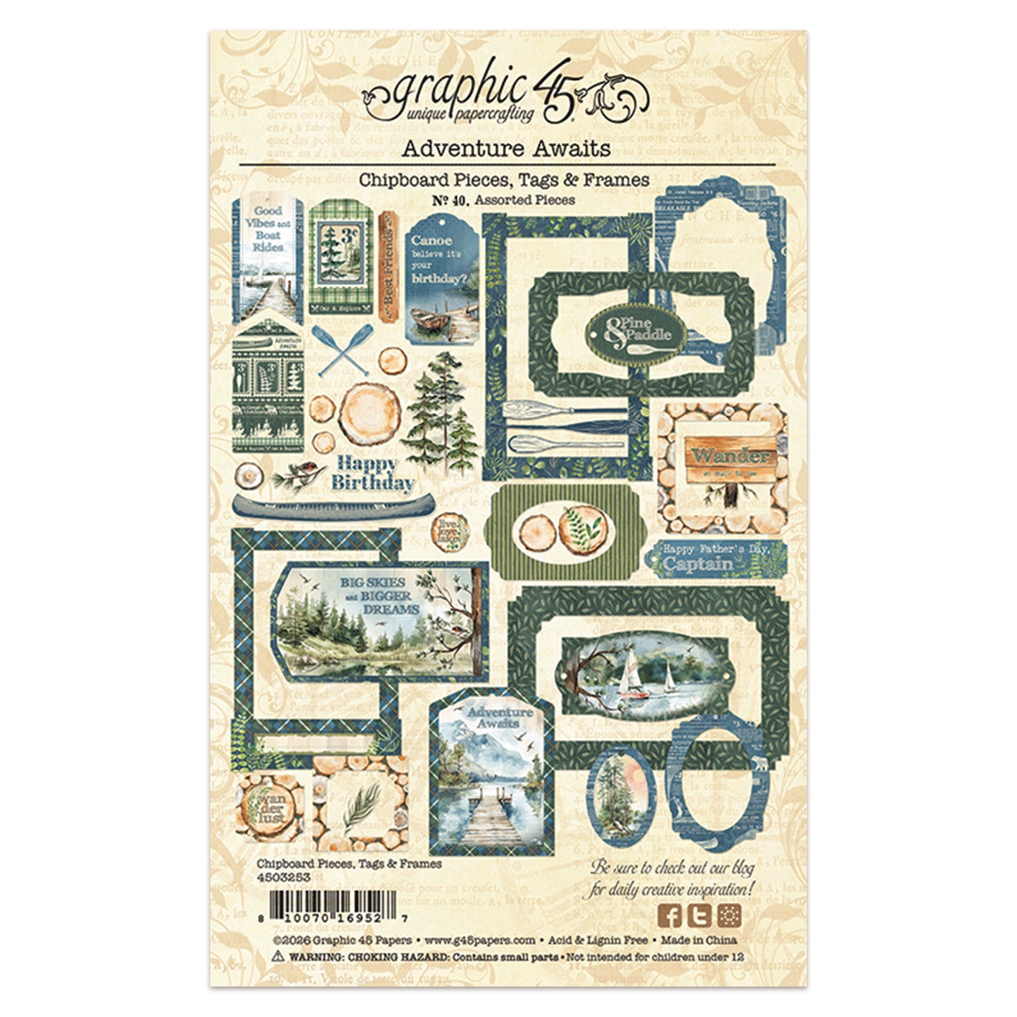 Graphic 45 Adventure Awaits Chipboard Pieces, Tags & Frames