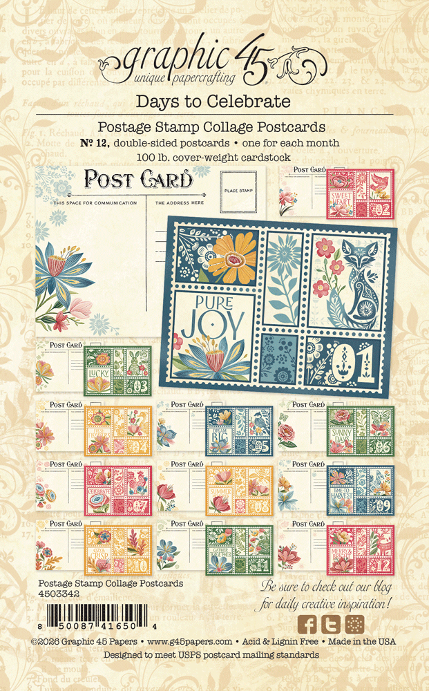 Graphic45 Days to Celebrate Postage Stamp Collage Postcards Preorder*
