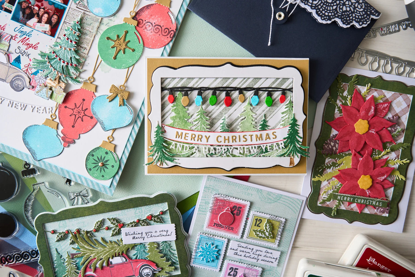 Sizzix Clear Stamps Set 16PK w/10PK Framelits Poinsettia Trio by 49 and Market