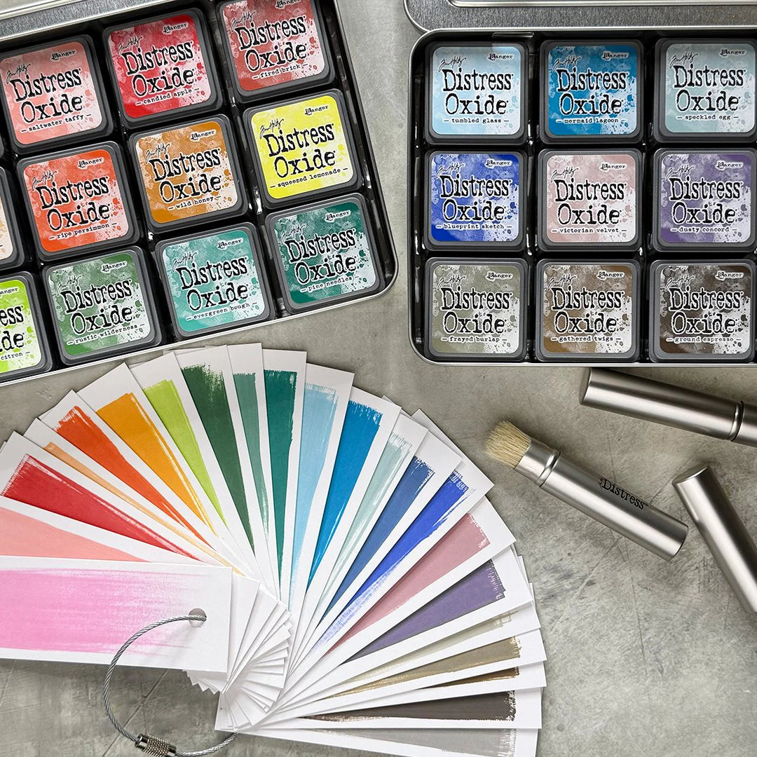 Ranger Tim Holtz Distress® Mini Oxide Ink Pads Kits 1-18 + 6 Storage Tins + 24 Blending Brushes + Free Mini Ink Pad Labels