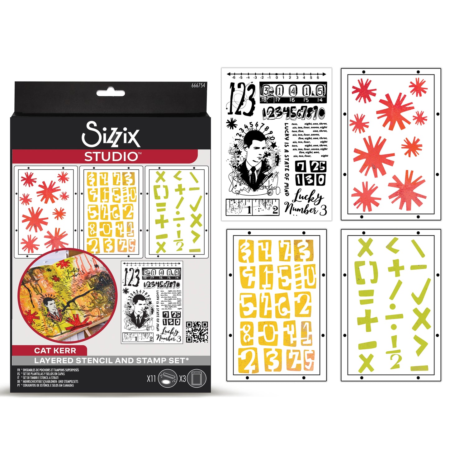 Sizzix Studio Clear Stamps w/Stencils by Cat Kerr Strength in Numbers (11+3pcs)