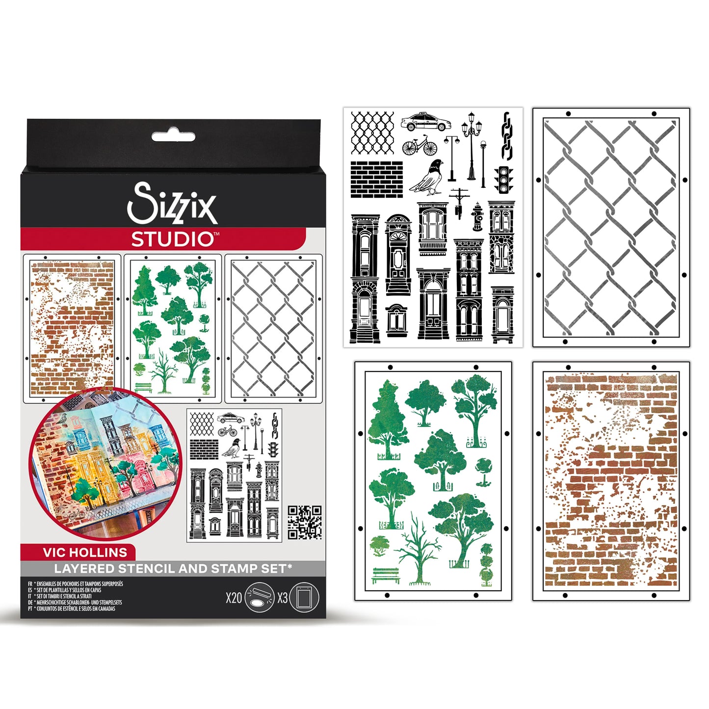Sizzix Studio Clear Stamps w/Stencils by Vic Hollins City Life (20+3pcs)