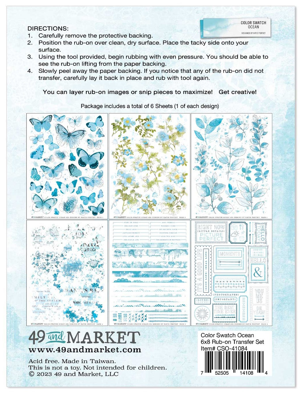 49 And Market Color Swatch: Ocean Rub-Ons 6"X8"- 6 Sheets
