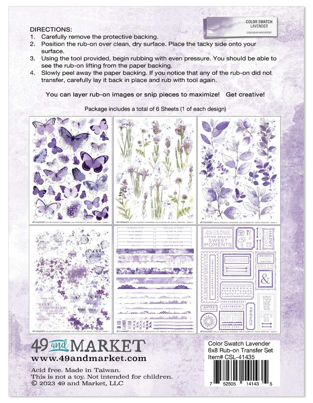 49 And Market Color Swatch: Lavender Rub-Ons 6"X8" - 6 Sheets