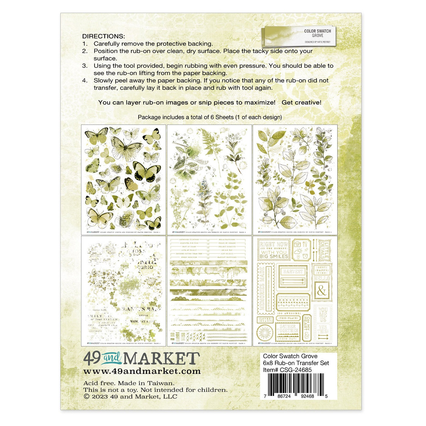 49 And Market Color Swatch: Grove Rub-Ons 6"x8" - 6 Pcs