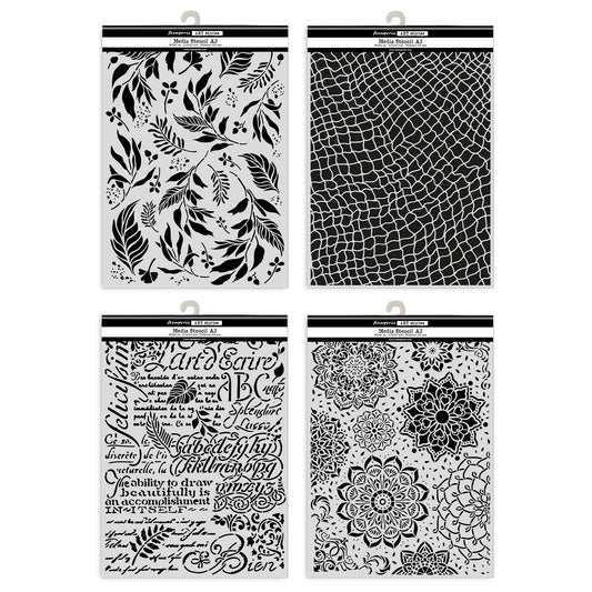 Stamperia Art Stories A3 Big Stencil Bundle - Leaves, Mandala, Writings & Fishing Net