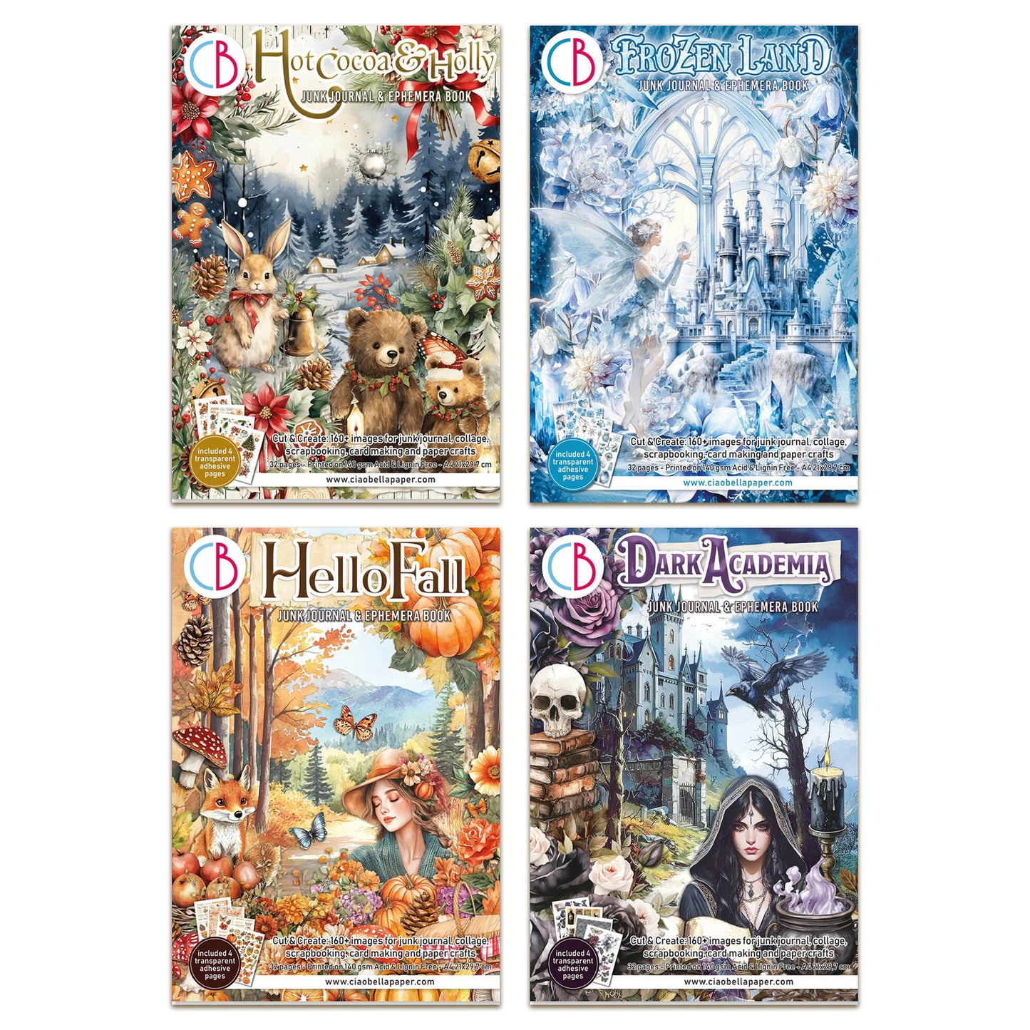 Ciao Bella Junk Journal Ephemera Book Bundle - Dark Academia, Frozen Land, Hello Fall & Hot Cocoa and Holly