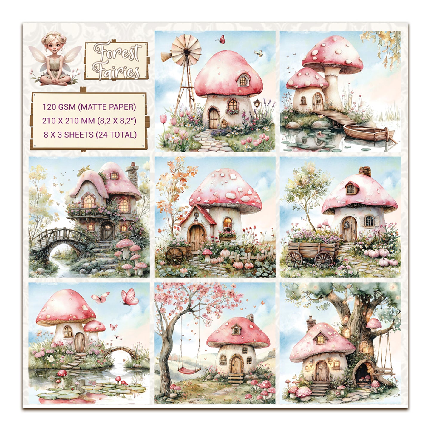 Creatief Art Forest Fairies 8x8 Inch Paper Pack Mushroom Houses