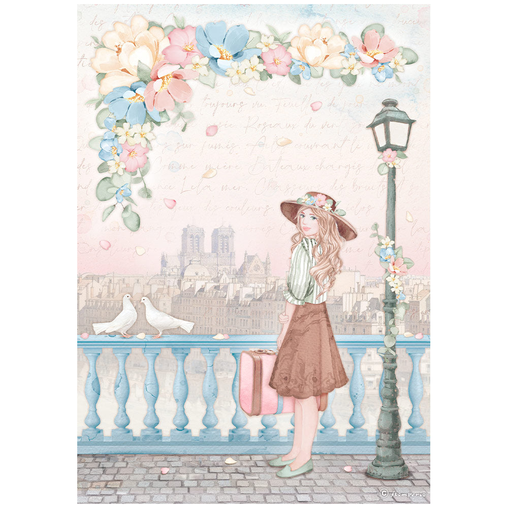 Stamperia A4 Rice Paper Create Happiness Oh Lá Lá Girl With Suitcase