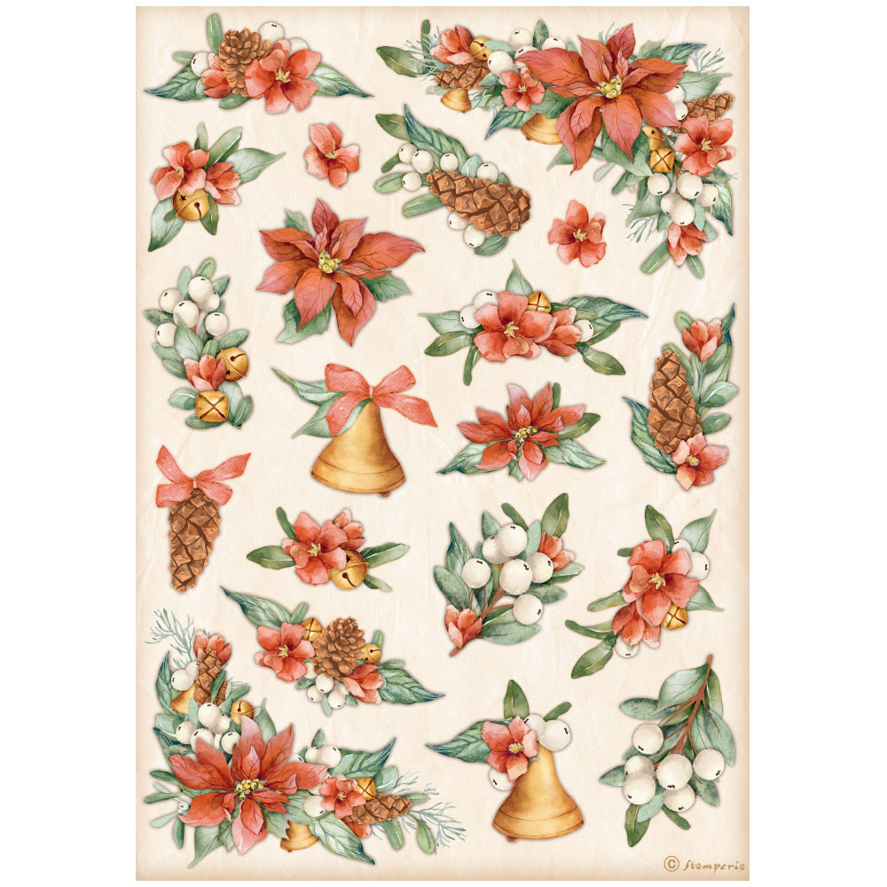Stamperia A4 Rice Paper All Around Christmas Poinsettia And Bells