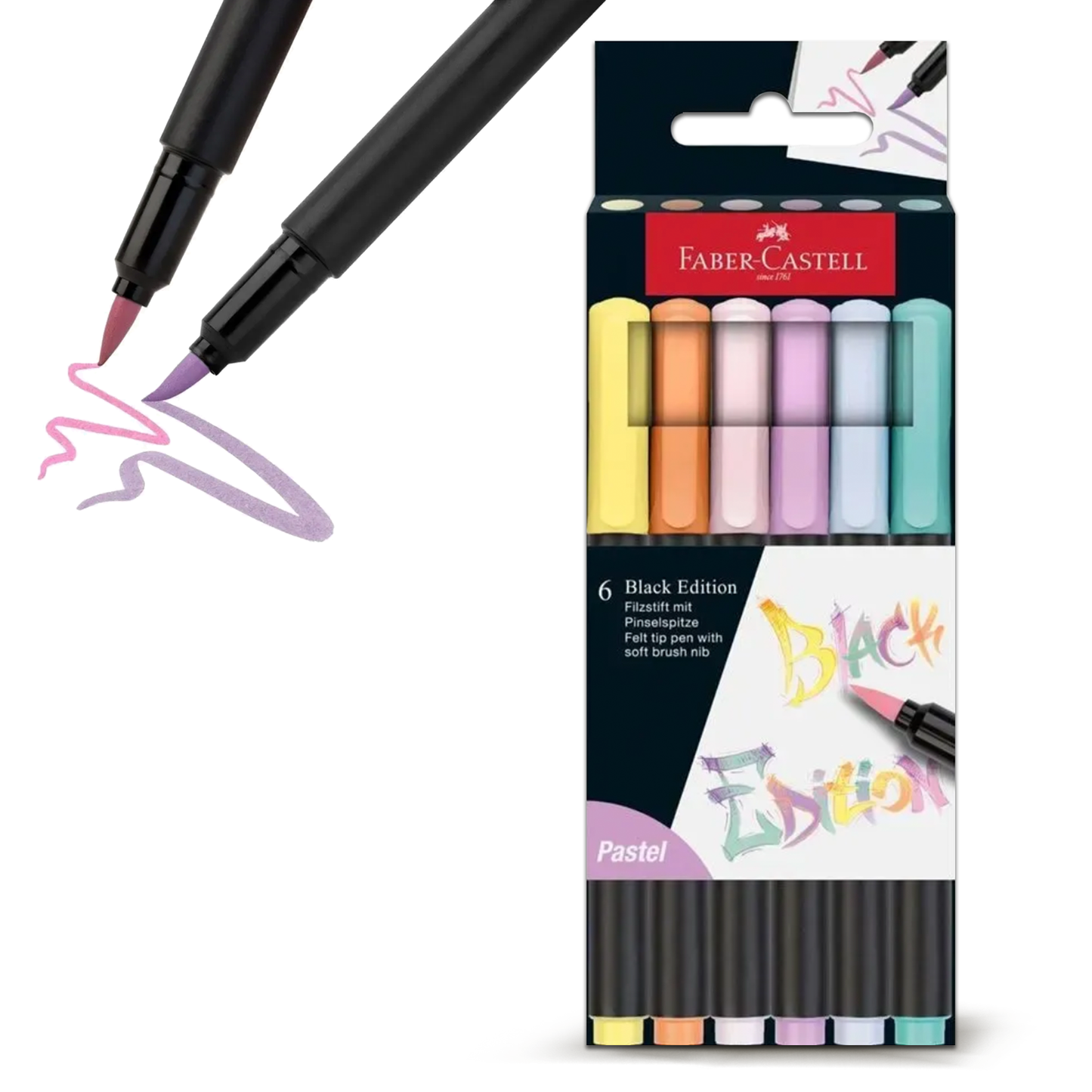 Faber Castell Black Edition Felt Tip Pen w/ Soft Brush Nib Pastel (6pcs)