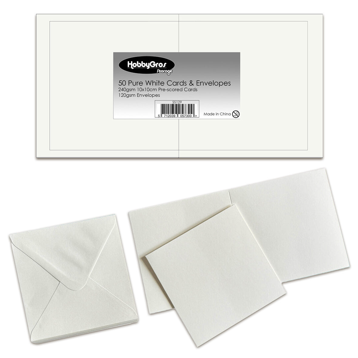 HobbyGros Storage Cards & Envelopes 10x10cm Pure White (50pcs)