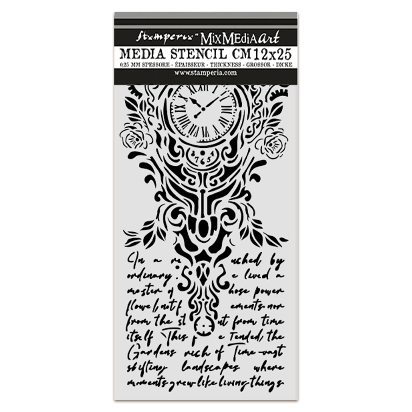 Stamperia Gardens of Time Thick Stencil 12x25cm Clock and Writing (KSTDL157)