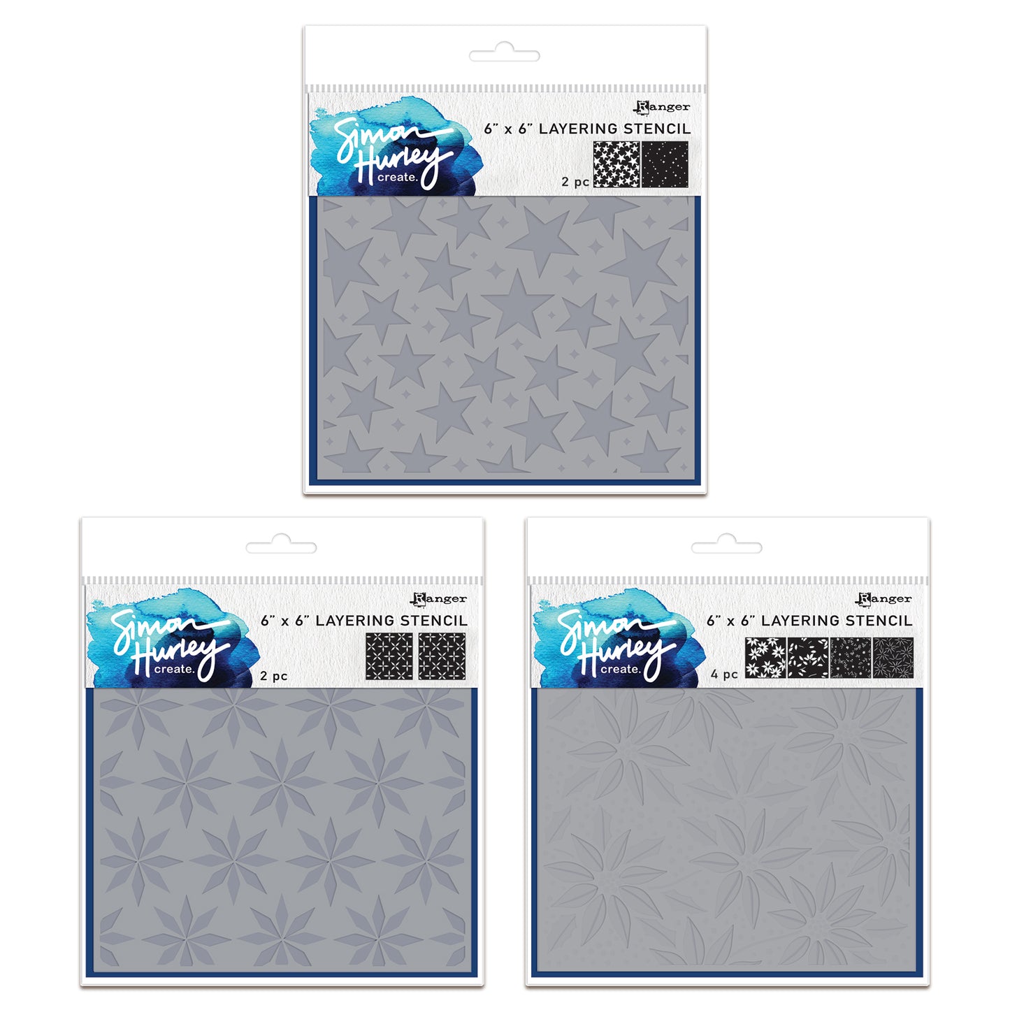 Ranger Simon Hurley create. Layering Stencils Bundle - Festive Poinsettias, Sparkling Stars & Spiral Star