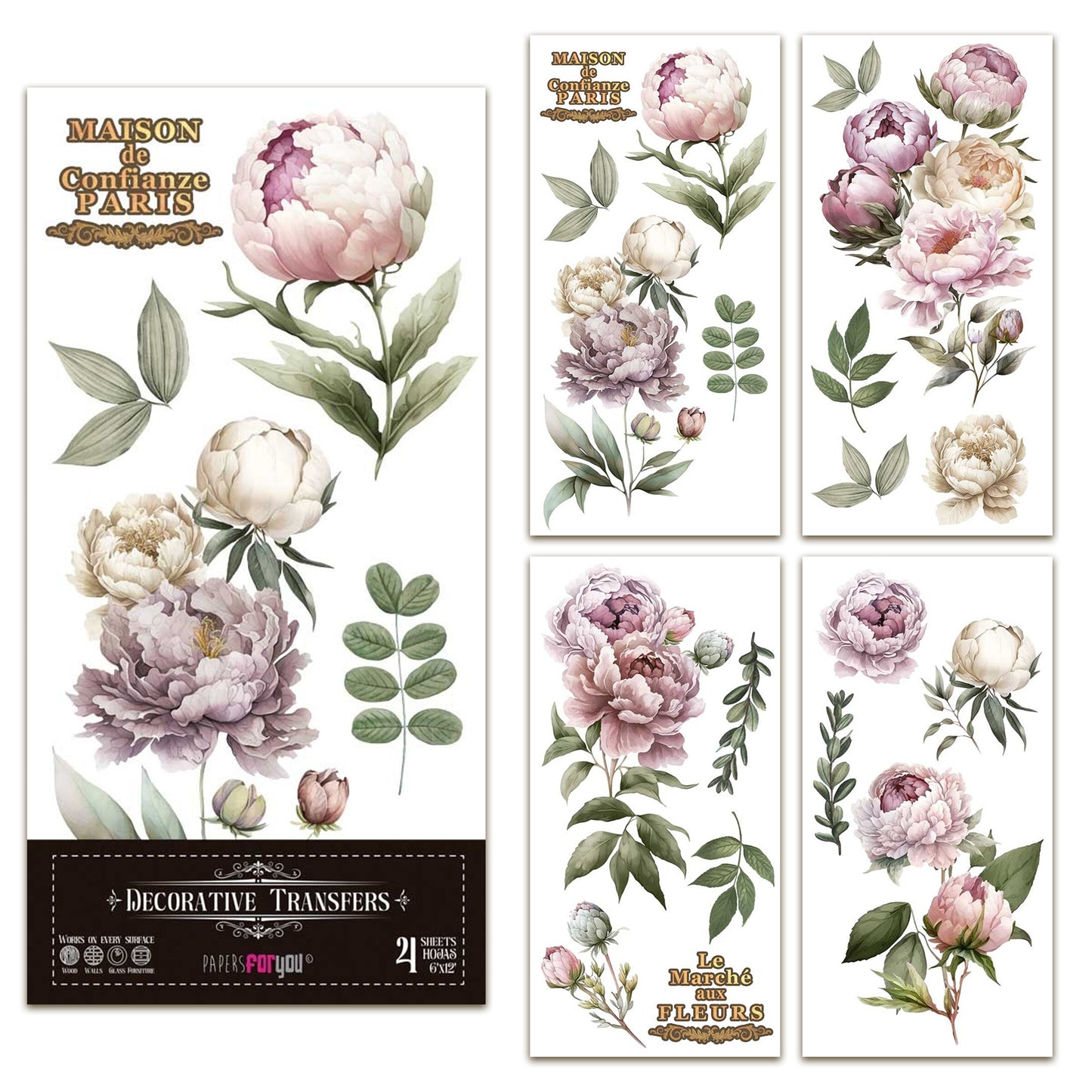 Papers For You Peonies 6x12 Inch Decor Transfers (4pcs)
