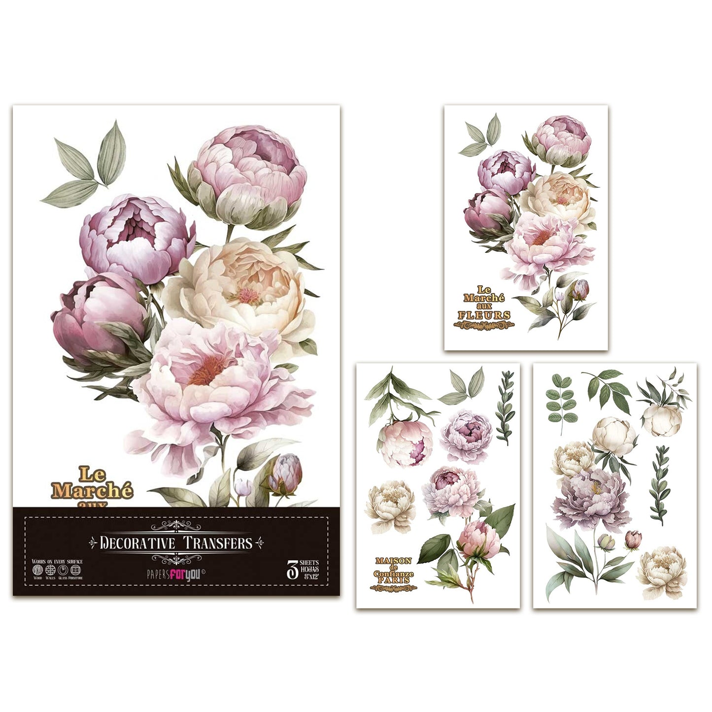 Papers For You Peonies 8x12 Inch Decor Transfers (3pcs)
