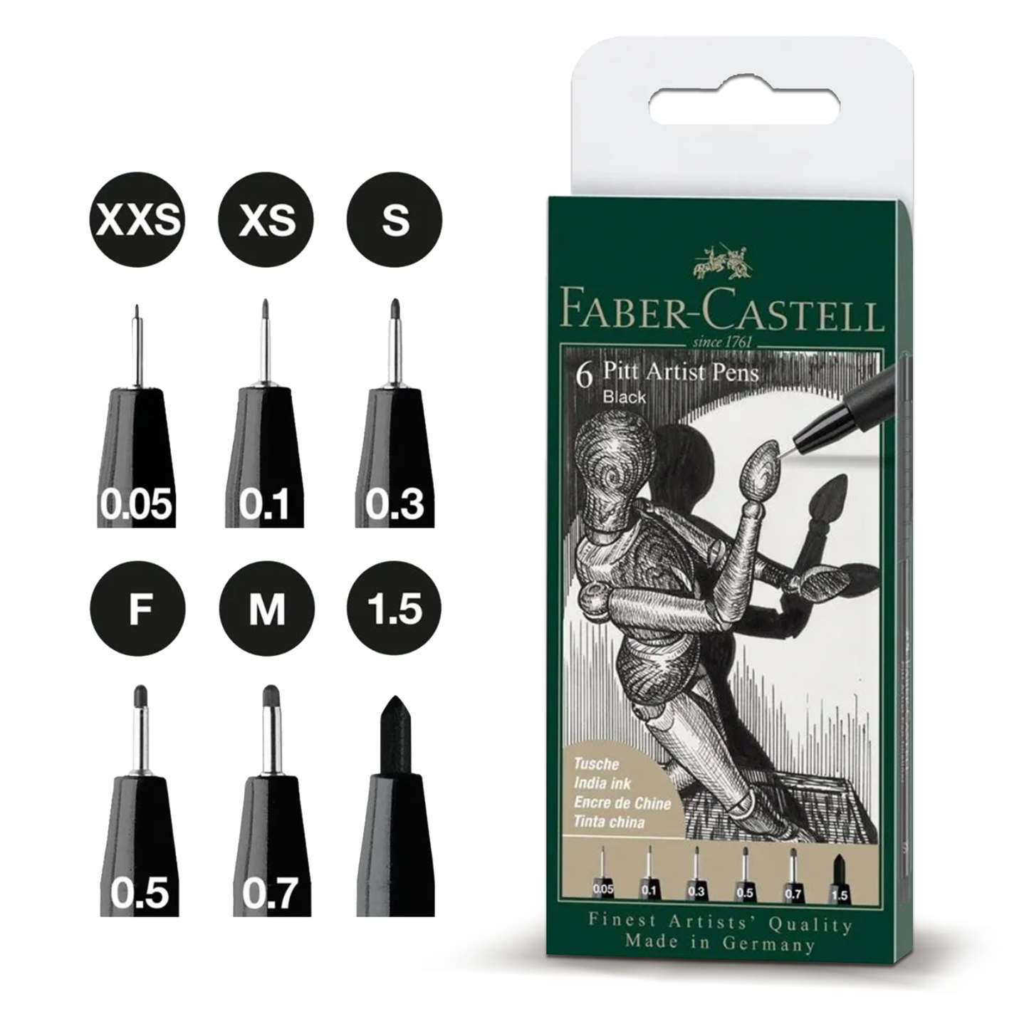 Faber Castell Pitt Artist Pens Black XXS/XS/S/F/M/1.5 (6pcs)