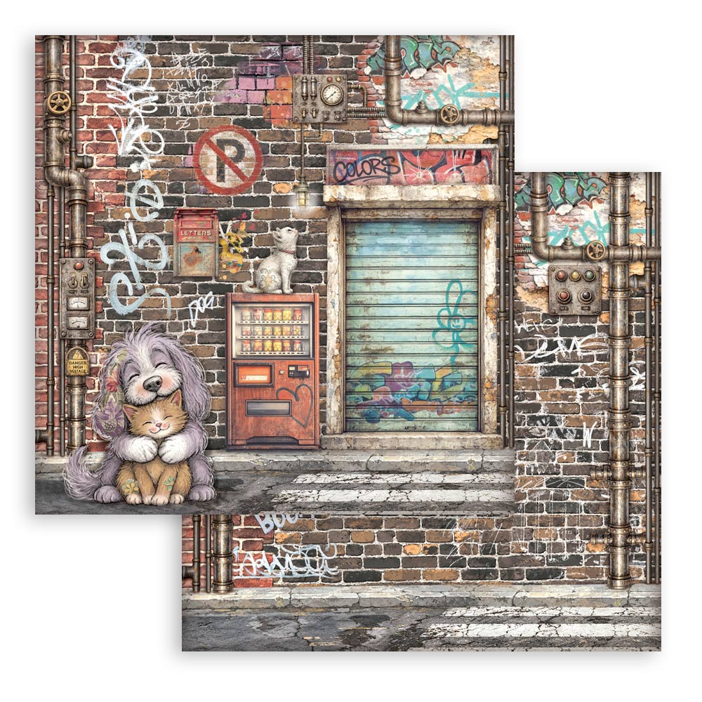 Stamperia Furry Friends 2 12x12 Inch Paper Sheet Street Art Dog and Cat by Antonis Tzanidakis