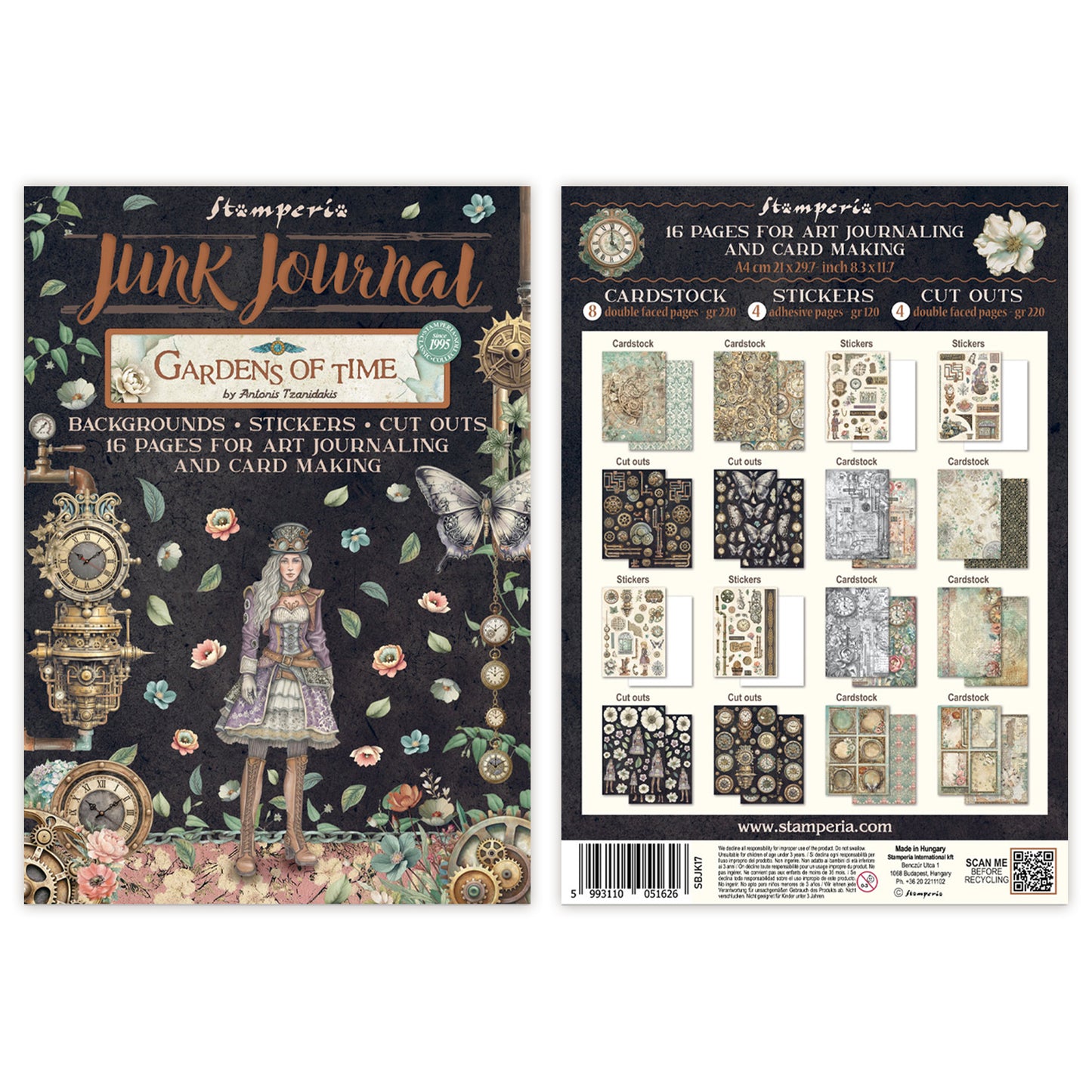 Stamperia Gardens of Time A4 Junk Journal Stickers, Backgrounds, Cut-Outs (SBJK17)