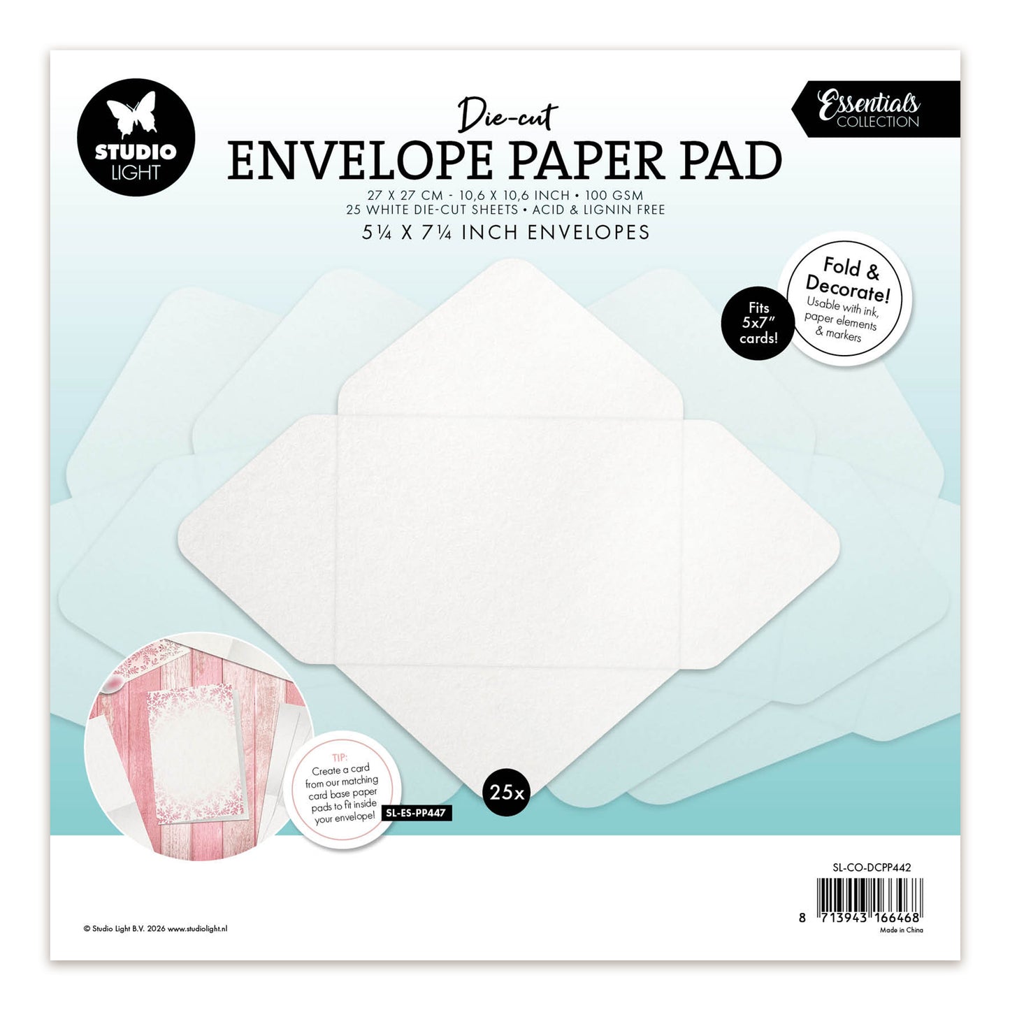 Studio Light Die-cut Paper Pad 5,25x7,25" envelopes for 5x7" cards Essentials 270x270x7mm 25 Sheets