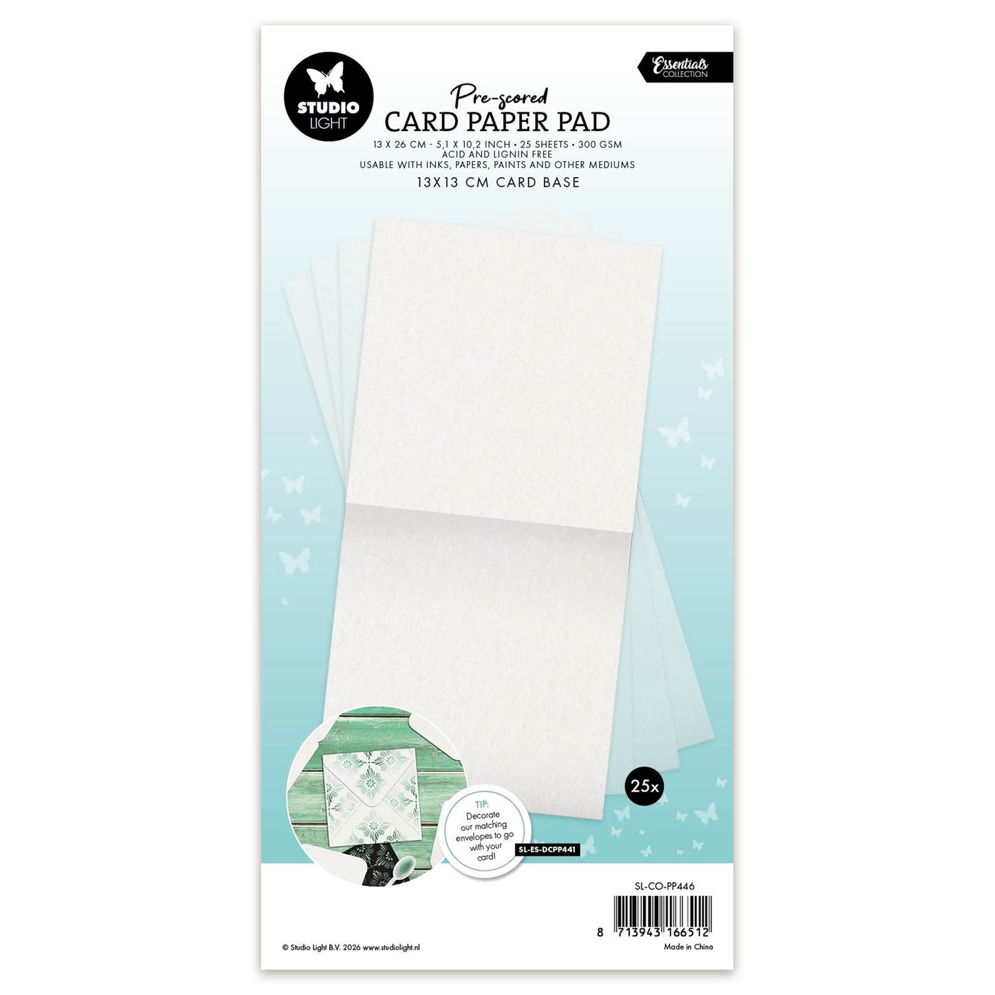 Studio Light Card Paper Pad pre-scored white 13x13 cm cards Essentials 130x260x13mm 25 Sheets