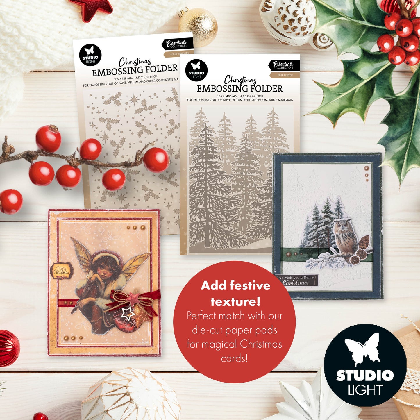 Studio Light Essentials Embossing Folder Bundle - Holly Sparkles & Forest Background