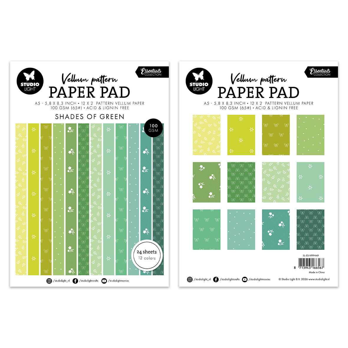 Studio Light Vellum Paper Pad Spring green print 24 Sheets