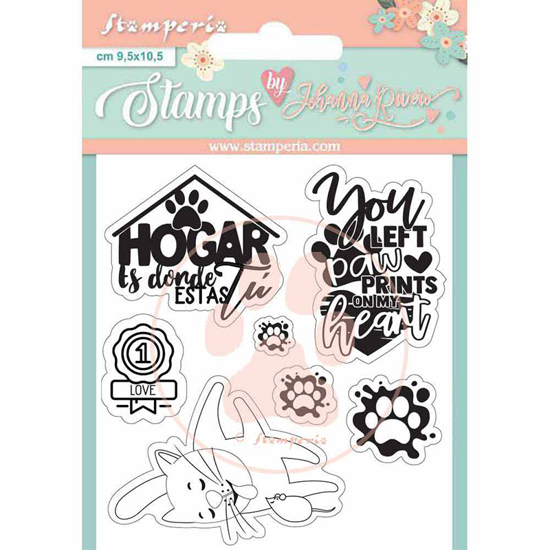 Stamperia 9.5 cm x 10.5 cm Acrylic Stamp Circle Of Love Cat And Labels