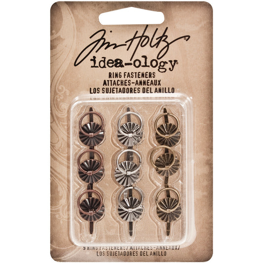 Idea-Ology Tim Holtz Metal Ring W/Brad Fastener .25" 9 Pcs - Antique Nickel, Brass & Copper