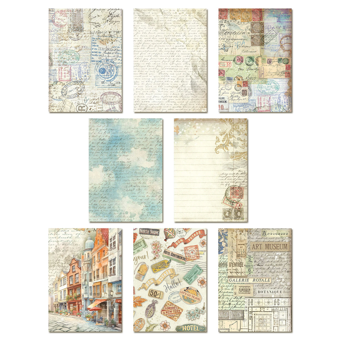 Stamperia Art of Travelling A6 Rice Paper Backgrounds (8pcs)