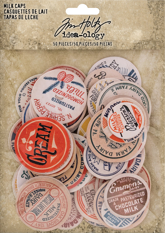Idea-ology Tim Holtz Chipboard Milk Caps 50 Pcs - Assorted Sizes