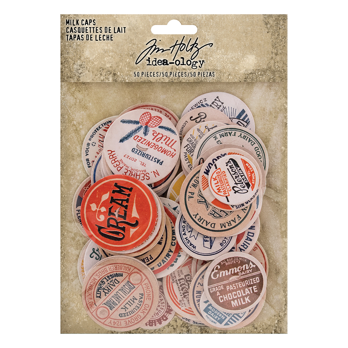 Idea-ology Tim Holtz Chipboard Milk Caps 50 Pcs - Assorted Sizes