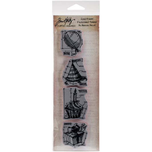 Stampers Anonymous Tim Holtz Mini Blueprints Strip Cling Stamps 3"X10" - Birthday