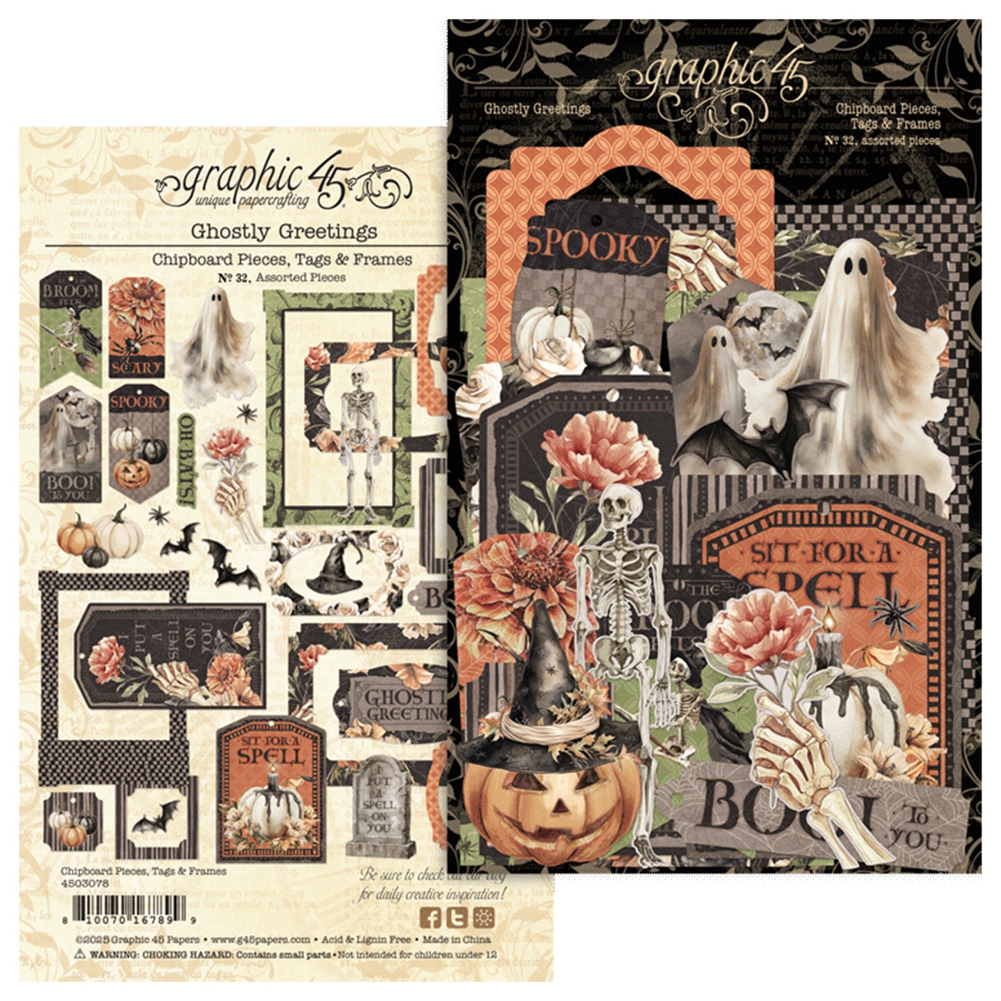 Graphic 45 Ghostly Greetings Chipboard Pieces, Tags & Frames