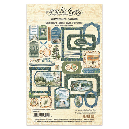 Graphic 45 Adventure Awaits Chipboard Pieces, Tags & Frames