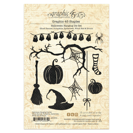 Graphic45 Halloween Hanging Die Set Ghost Banner, Pumpkins, Spiderweb, Witch Hat & Broom ~ Ship from 31st Aug