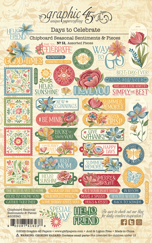Graphic45 Days to Celebrate Chipboard Seasonal Sentiments & Pieces Preorder*