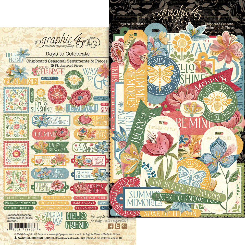 Graphic45 Days to Celebrate Chipboard Seasonal Sentiments & Pieces Preorder*