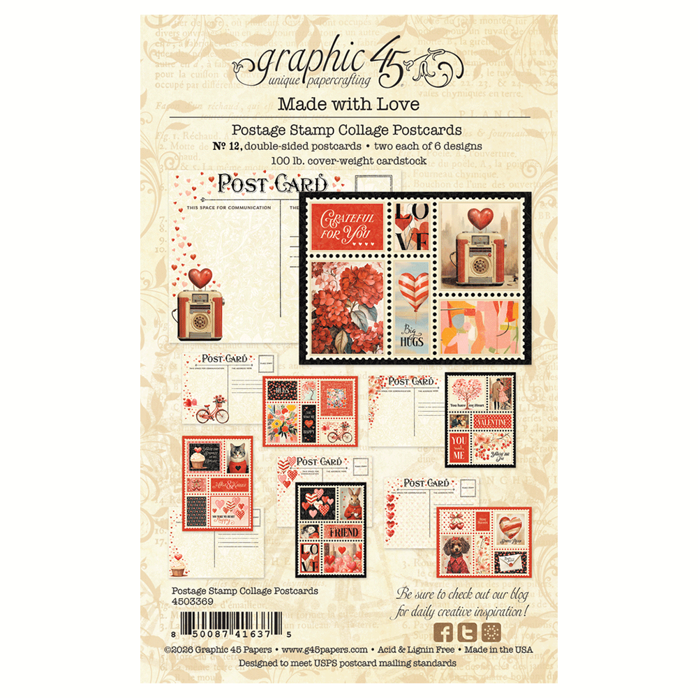 Graphic45 Made with Love Postage Stamp Collage Postcards Preorder*