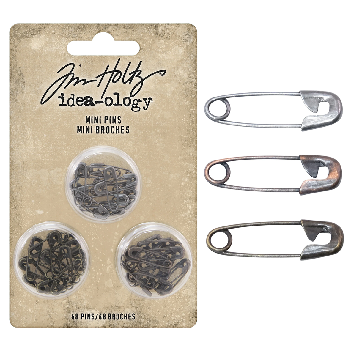 Idea-ology Tim Holtz Mini Metal Safety Pins 48 Pcs - 3 Colors