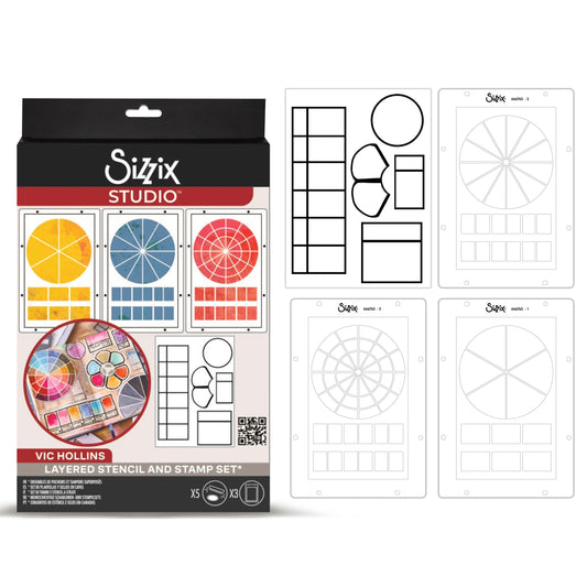 Sizzix Studio Clear Stamps w/Stencils by Vic Hollins Artist Tools (5+3pcs)