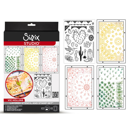 Sizzix Studio Clear Stamps w/Stencils by Vic Hollins Western (22+3pcs)