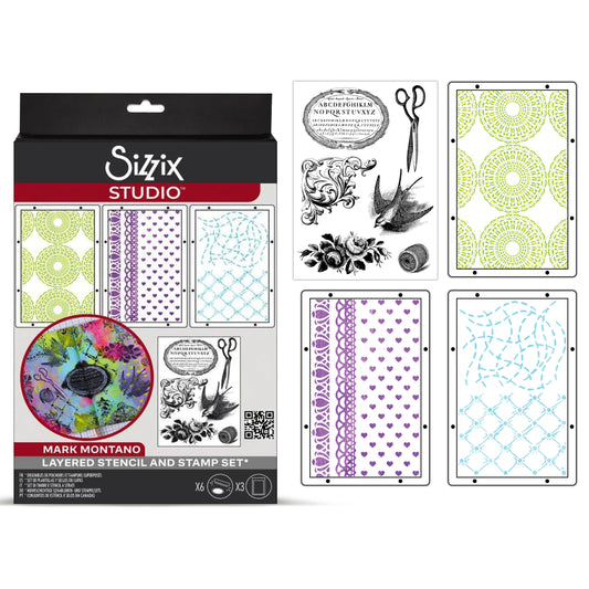 Sizzix Studio A5 Clear Stamps w/ A5 Stencils by Mark Montano Stitches (3pcs)