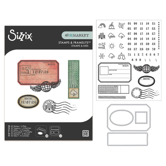 Sizzix • Clear Stamps Set 62pcs & 4pcs Framelits Globetrotter’s Mark by 49 & Market