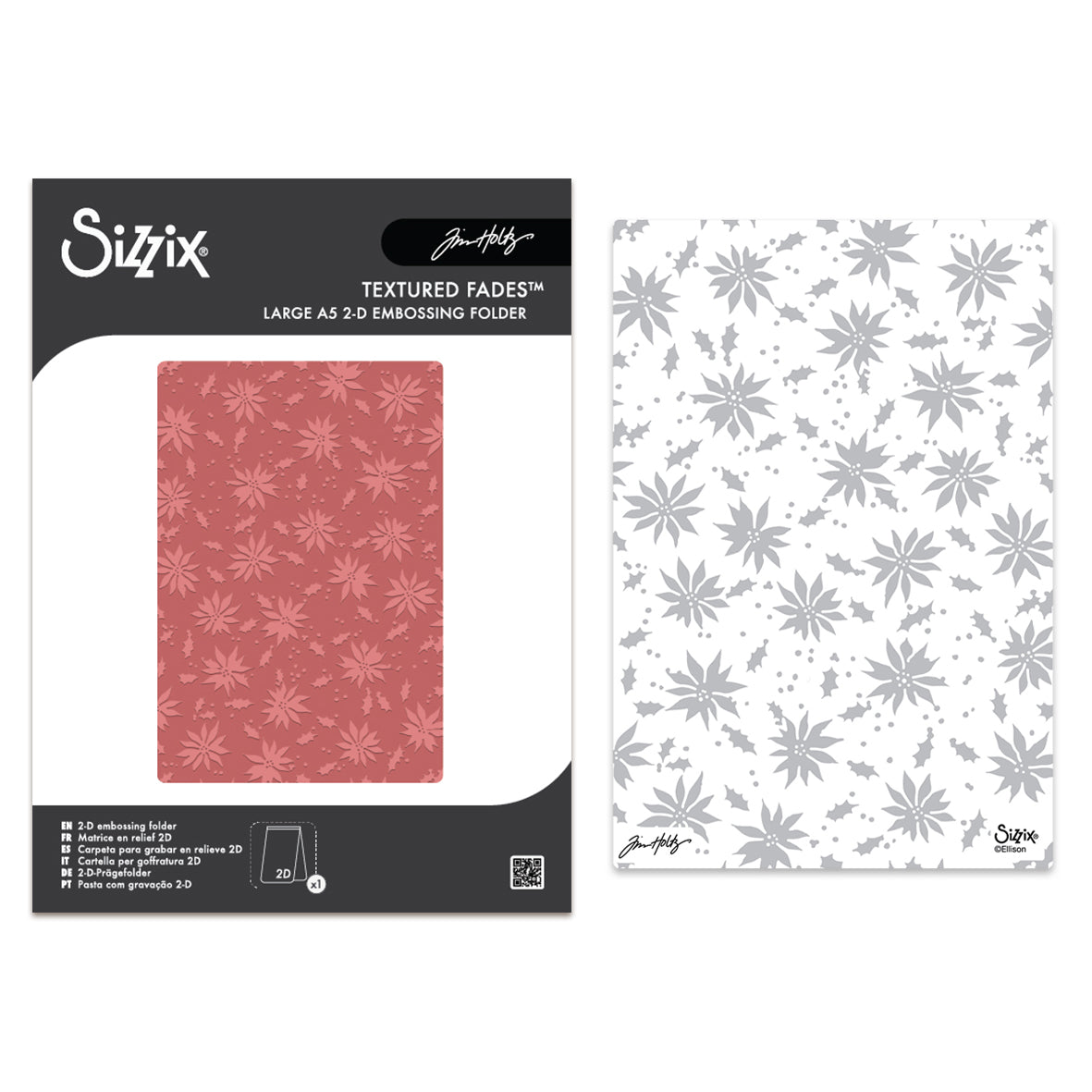 Sizzix Tim Holtz 2D Texture Fades A5 Embossing Folder - Vault Holly Poinsettia
