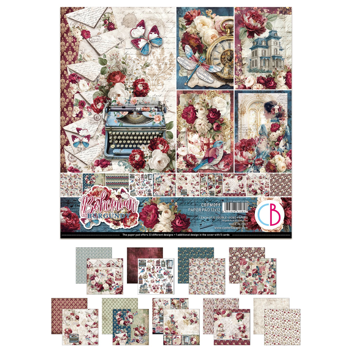 Ciao Bell Bohemian Burgundy 12x12 Inch Paper Pad (12pcs)
