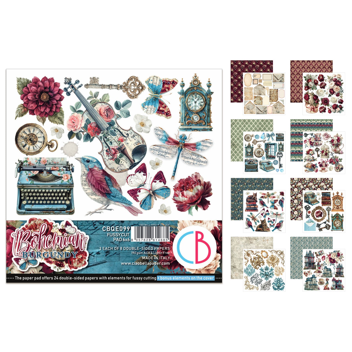 Ciao Bell Bohemian Burgundy 6x6 Inch Fussy Cut Pad (24pcs)