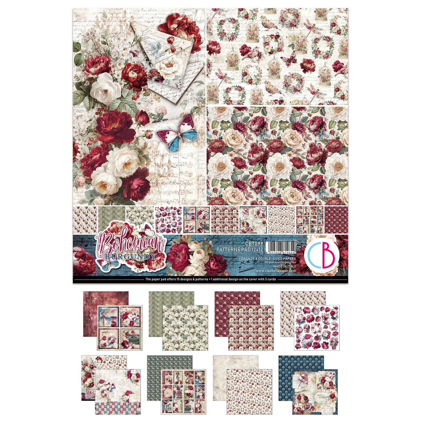 Ciao Bell Bohemian Burgundy 12x12 Inch Patterns Pad (8pcs)